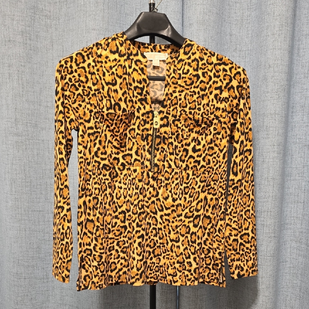 Michael Kors Womens Blouse Tan, Brown and Black Animal Print‎ Top Size Medium